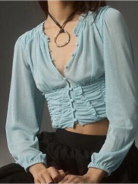 By Anthropologie sz SMALL Long-Sleeve Femme Ruched Cropped Top Light Blue